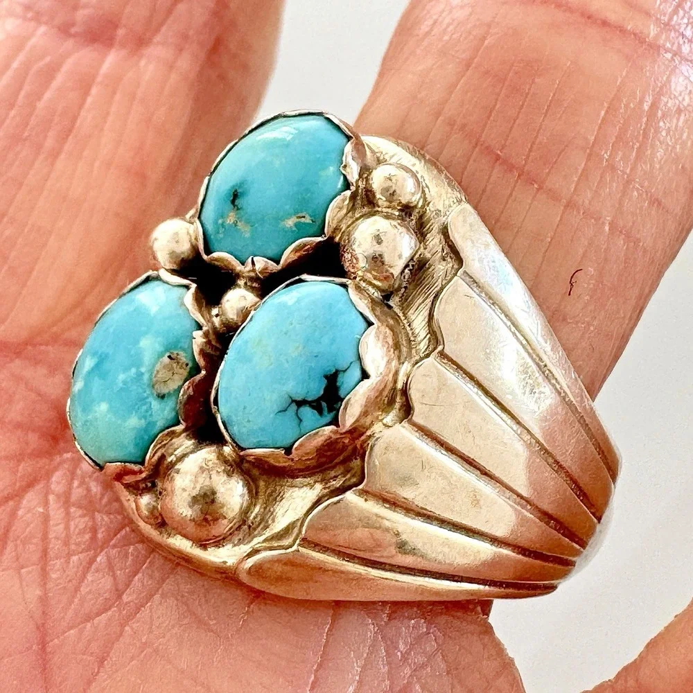 Navajo Three Stone Turquoise Ring Sz 13.5 Signed Spencer Fans 22mm Band Mens